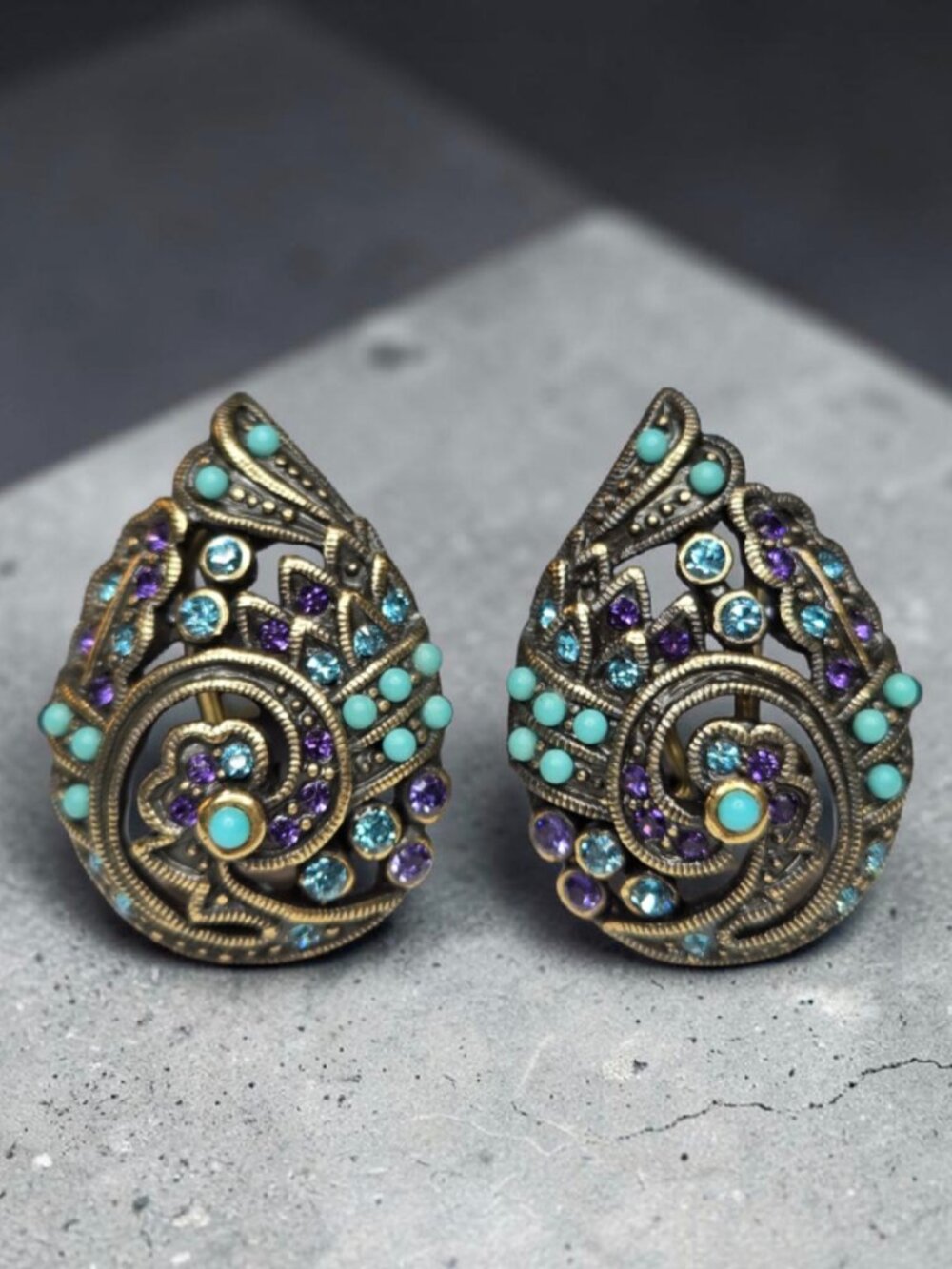 HEIDI DAUS Antique Gold=tone Turquoise Purple Crystal Teardrop Omega Earrings